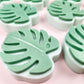 Close up of a light green soap in the shape of monstera leaf, on a pink background. Additional monsters leaf soaps in the background. 