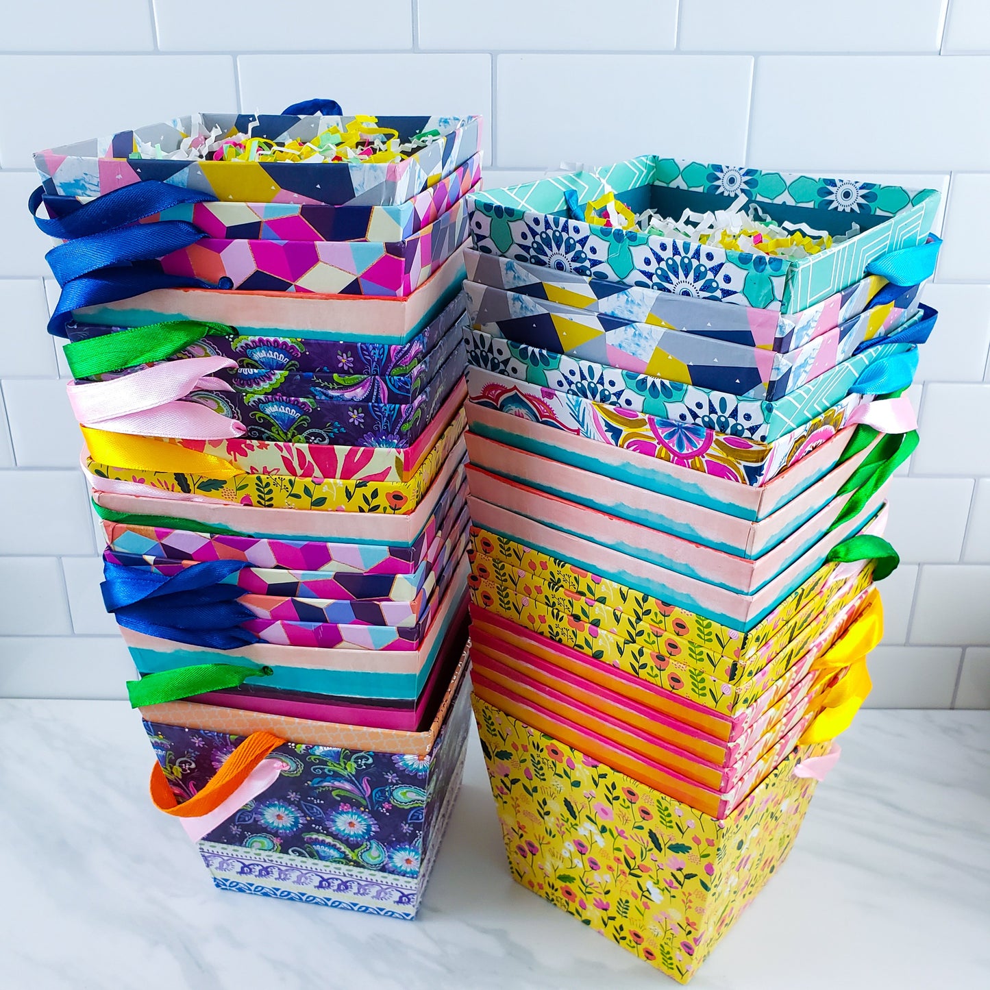 a stack of colorful boxes