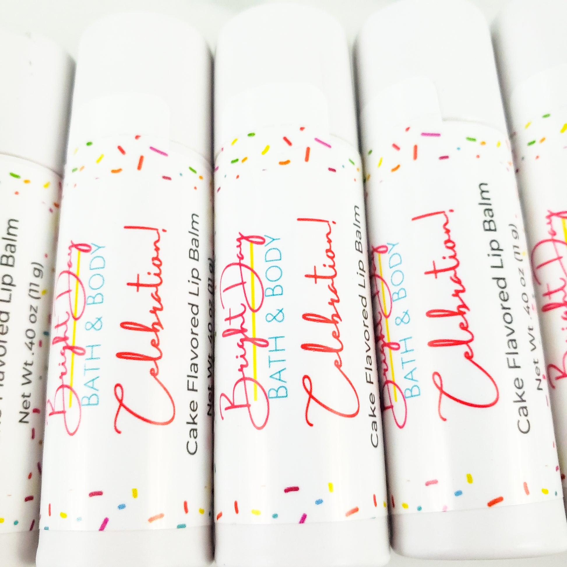 a closeup of Celebration Lip Balm labels