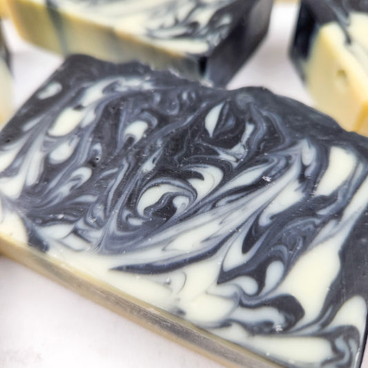 black and white swirled soap bar